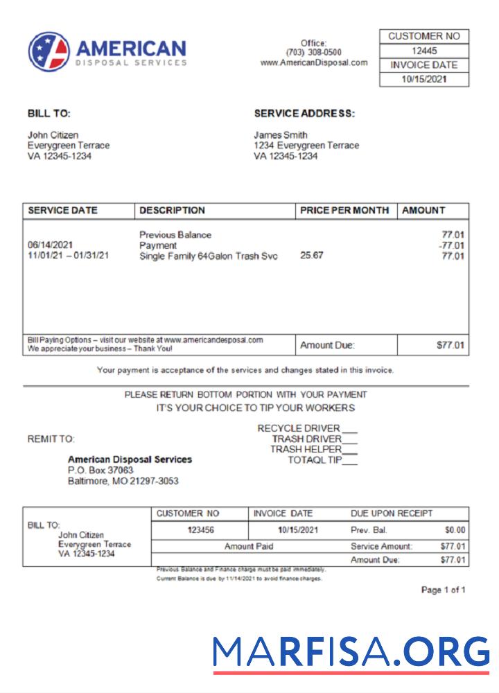 Downloadable USA American Disposal invoice example